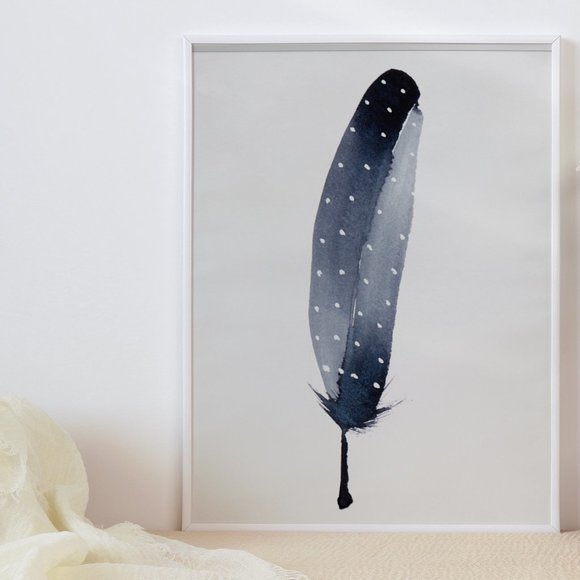 Boho blue and grey watercolor feather art print - Picture 1 of 2